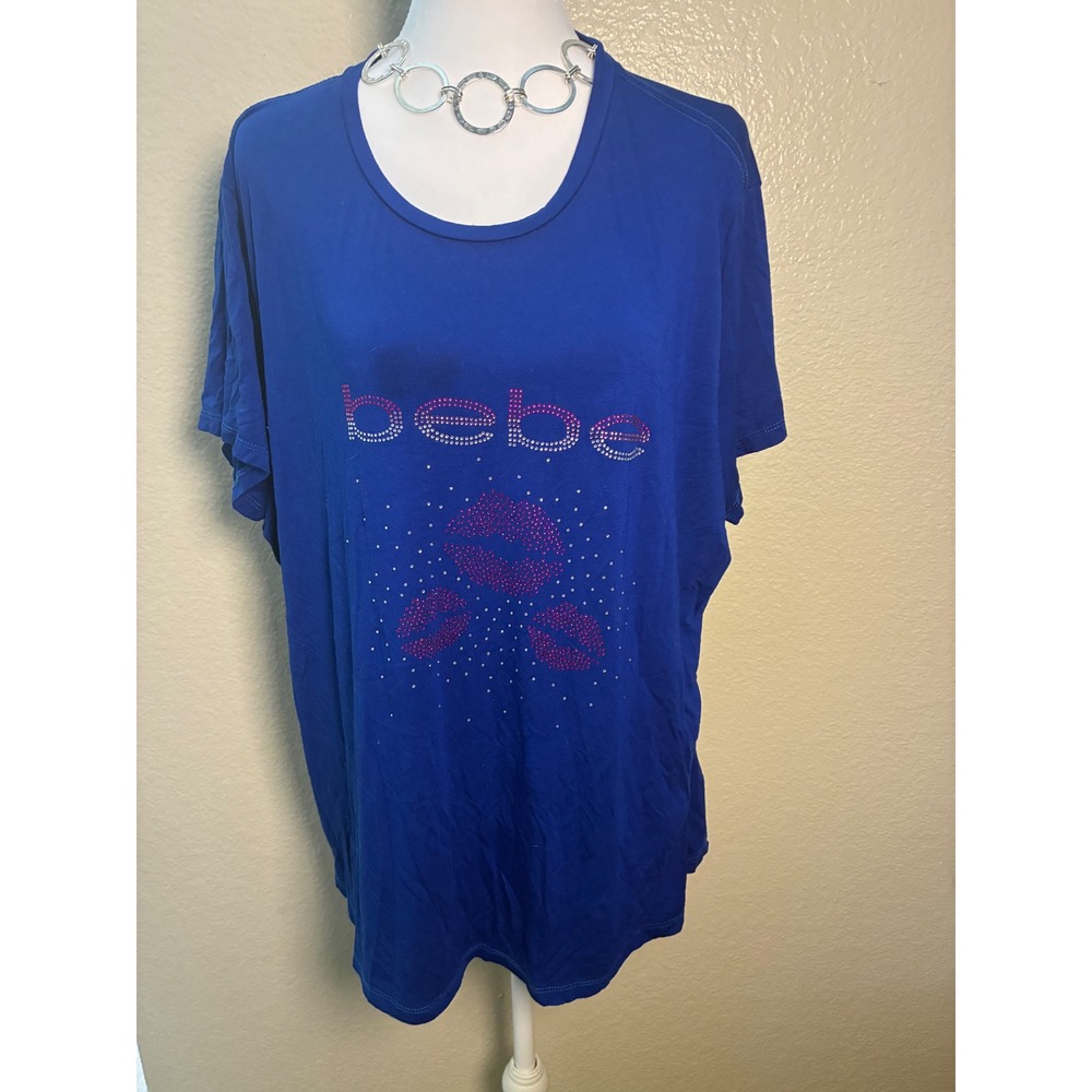 Bebe Royal Blue Rhinestone Logo Lips Graphic Tee Shirt Womens 2X Oversized Y2K